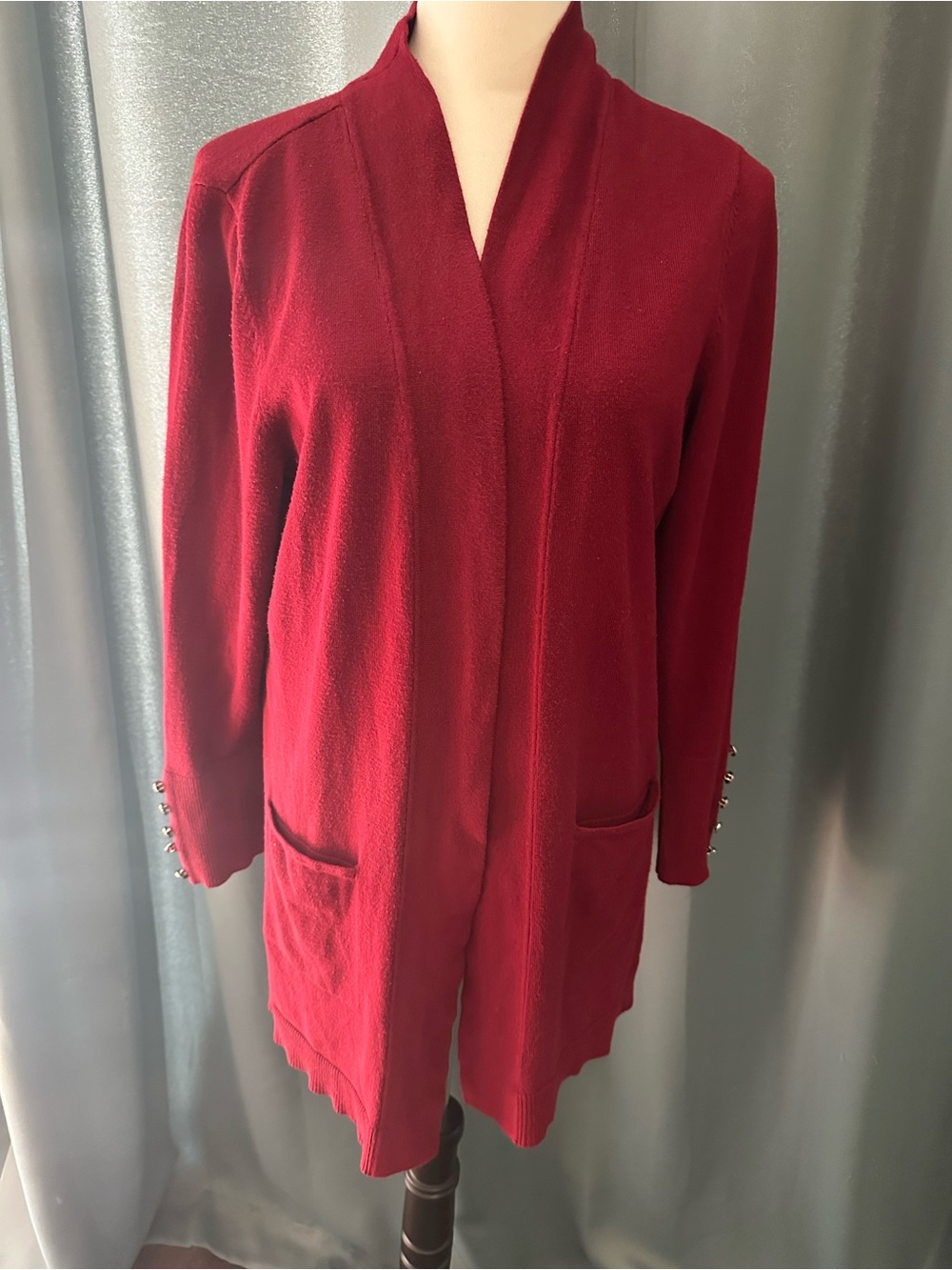 JM Collection Petite P/L Burgundy Open Front Long Cardigan Sweater Silver Button